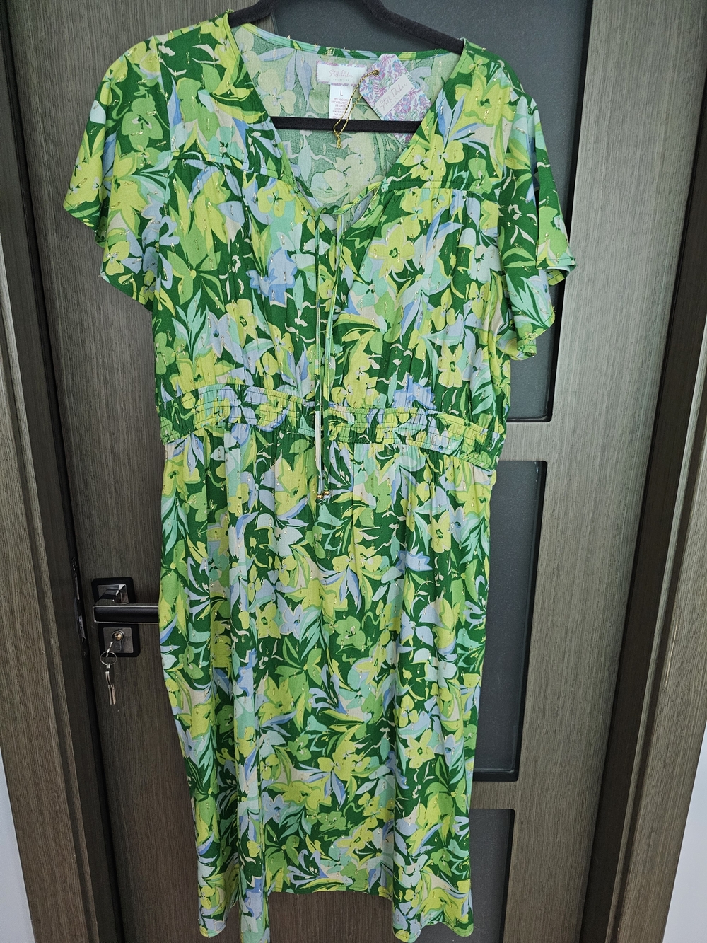 Bright Green Yellow Blue Floral Midi Summer Dress Size L